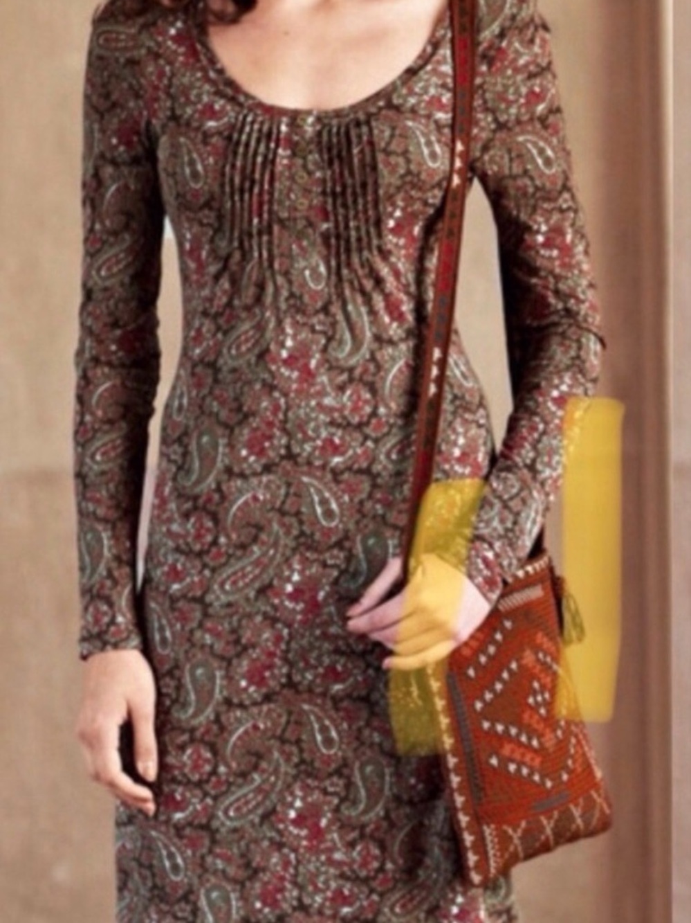 Peruvian Connection Paisley Long-Sleeve Sheath Dress in Brown and Olive